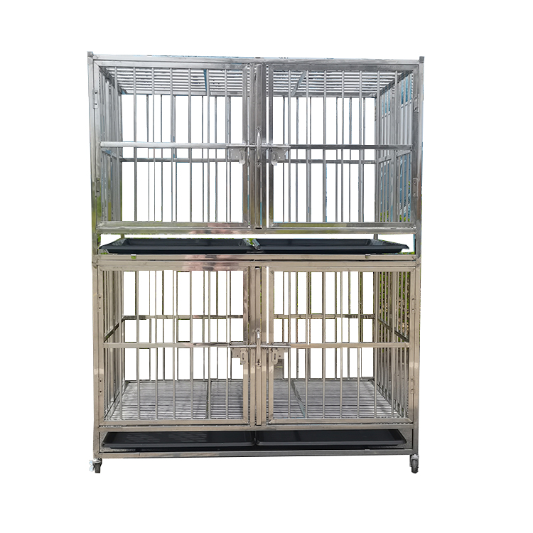 Double deck 4-door stainless steel folding dog cage