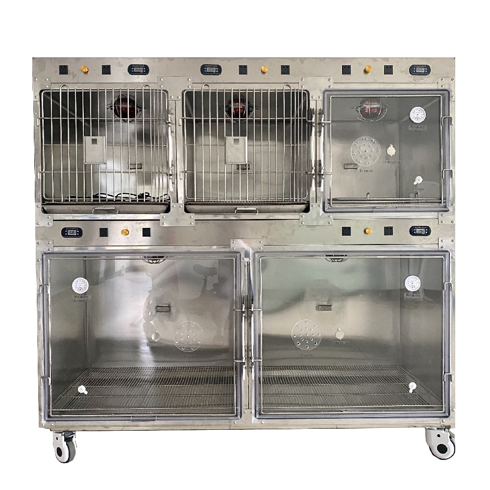 Double deck 5 door stainless steel heat lamp veterinary cage
